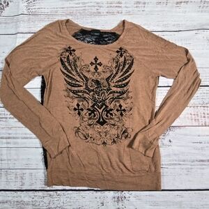 Daytrip Brown Graphic Lace Back Long Sleeve Top Womens Size M?